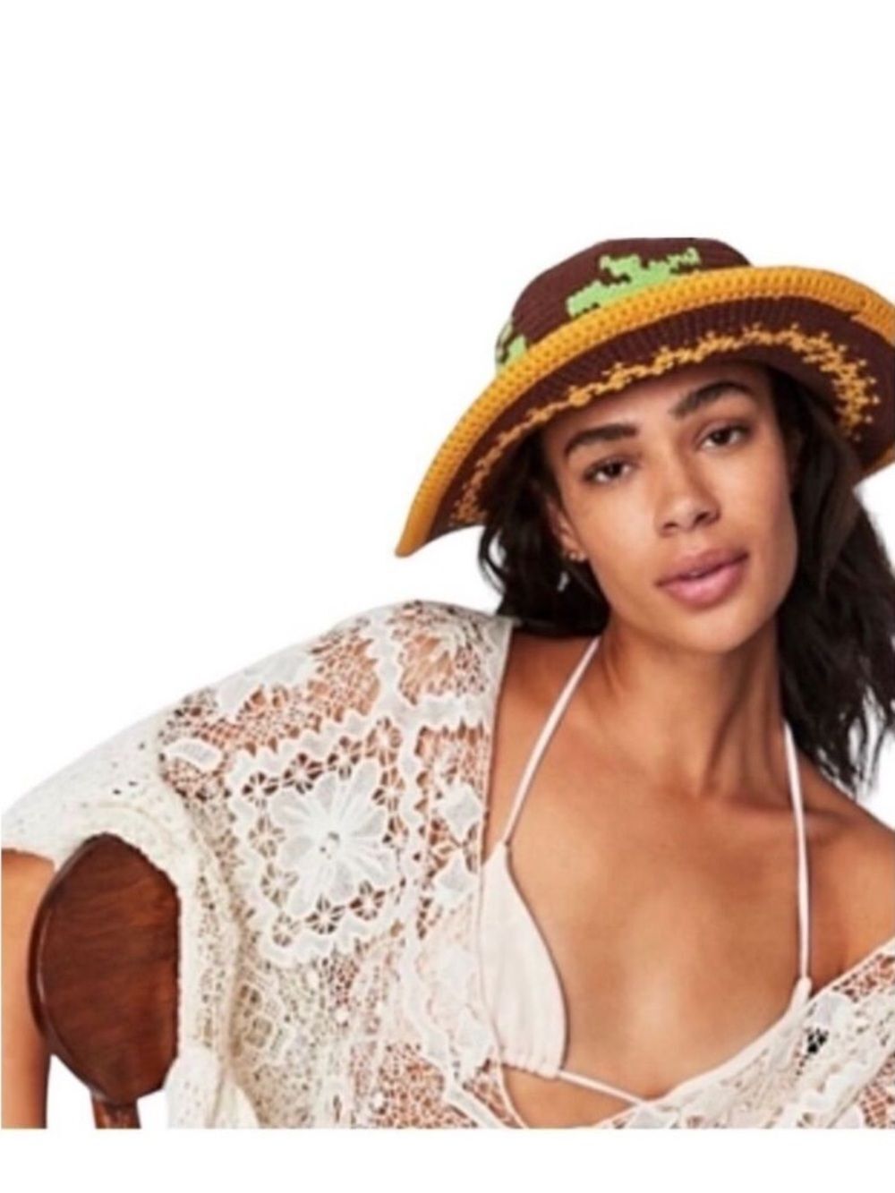 free people OS Palm Springs Palm Tree Brown Gold Crochet Knit Brim Hat